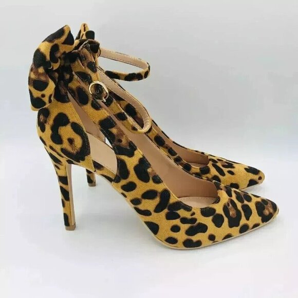ZBY Shoes Womens Size 7.5 Leopard Cheetah Print Bow Stiletto Heels Pointy Toe - Picture 2 of 12